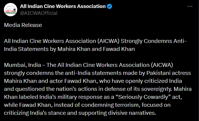 Read more about the article भारत विरोधी बयान देने पर AICWA का फवाद-माहिरा पर फूटा गुस्सा, कहा – देश से बढ़कर कुछ नहीं; भारतीय सेना की स्ट्राइक को ‘कायरता’ कहने पर AICWA ने पाक कलाकारों को सुनाई खरी-खोटी!