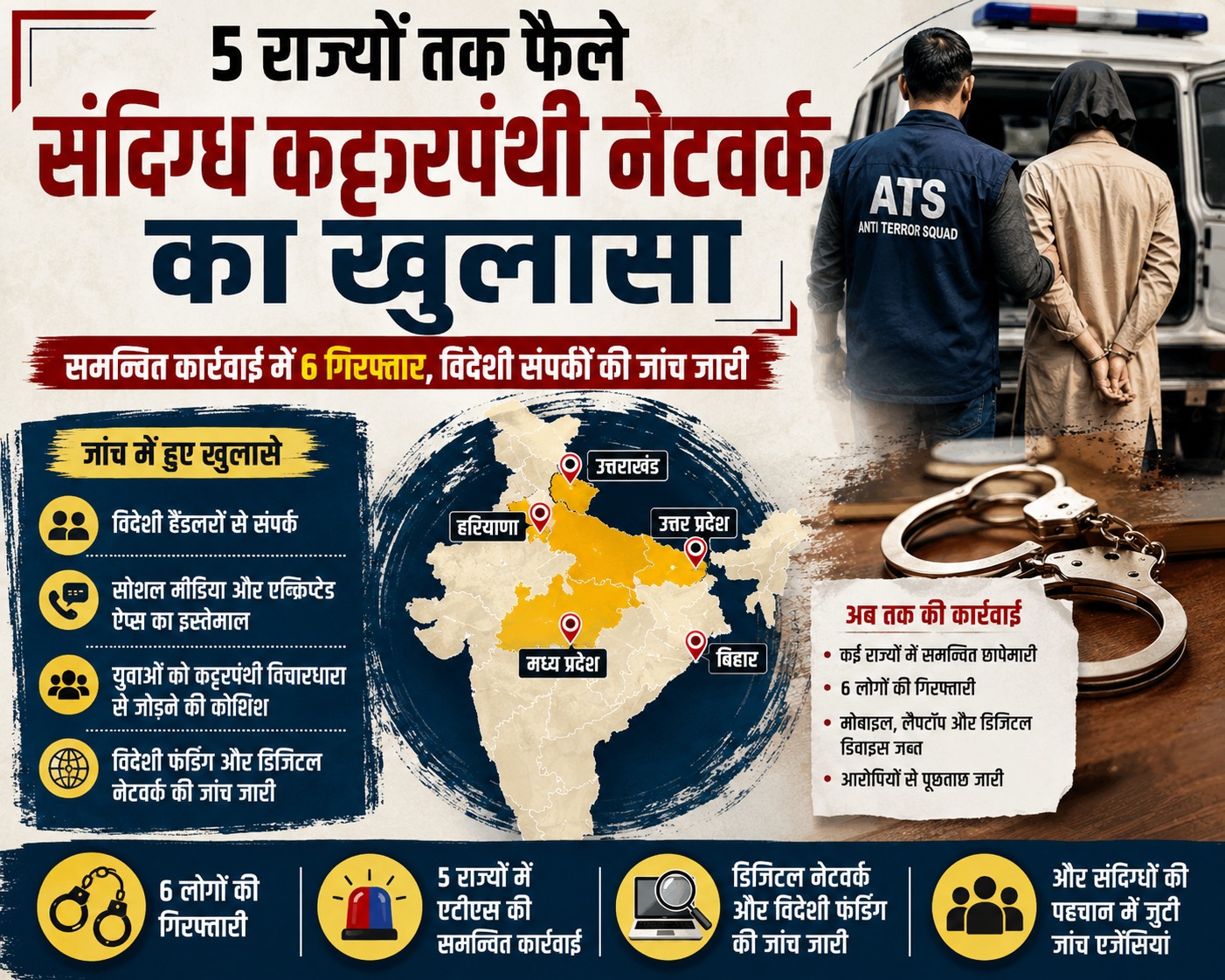 You are currently viewing 5 राज्यों तक फैले संदिग्ध कट्टरपंथी नेटवर्क का खुलासा: समन्वित कार्रवाई में 6 गिरफ्तार, विदेशी संपर्कों की जांच जारी